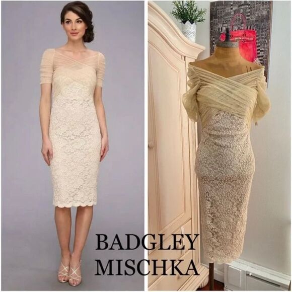 Badgley Mischka Mesh & Lace Stretch Midi Dress - Picture 2 of 8